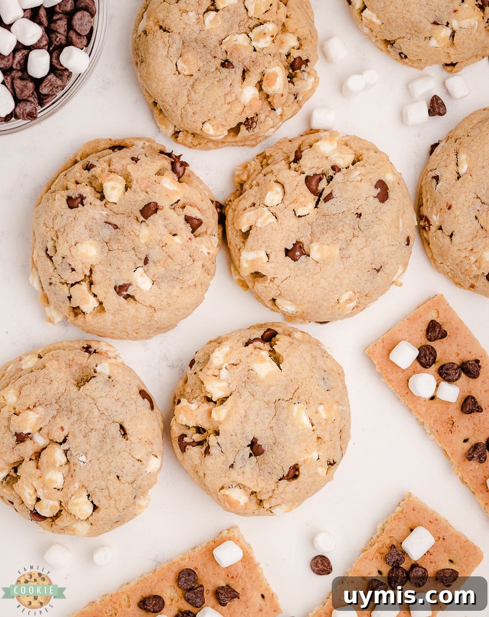 Chewy S'mores Chocolate Chip Cookies with Gooey Marshmallow 3 loaded s'mores cookies with chocolate, marshmallow and graham crackers