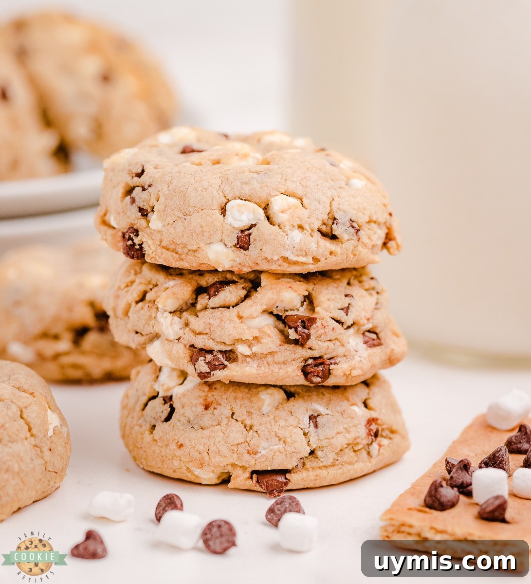 Chewy S'mores Chocolate Chip Cookies with Gooey Marshmallow 4 stack of smores chocolate chip cookies