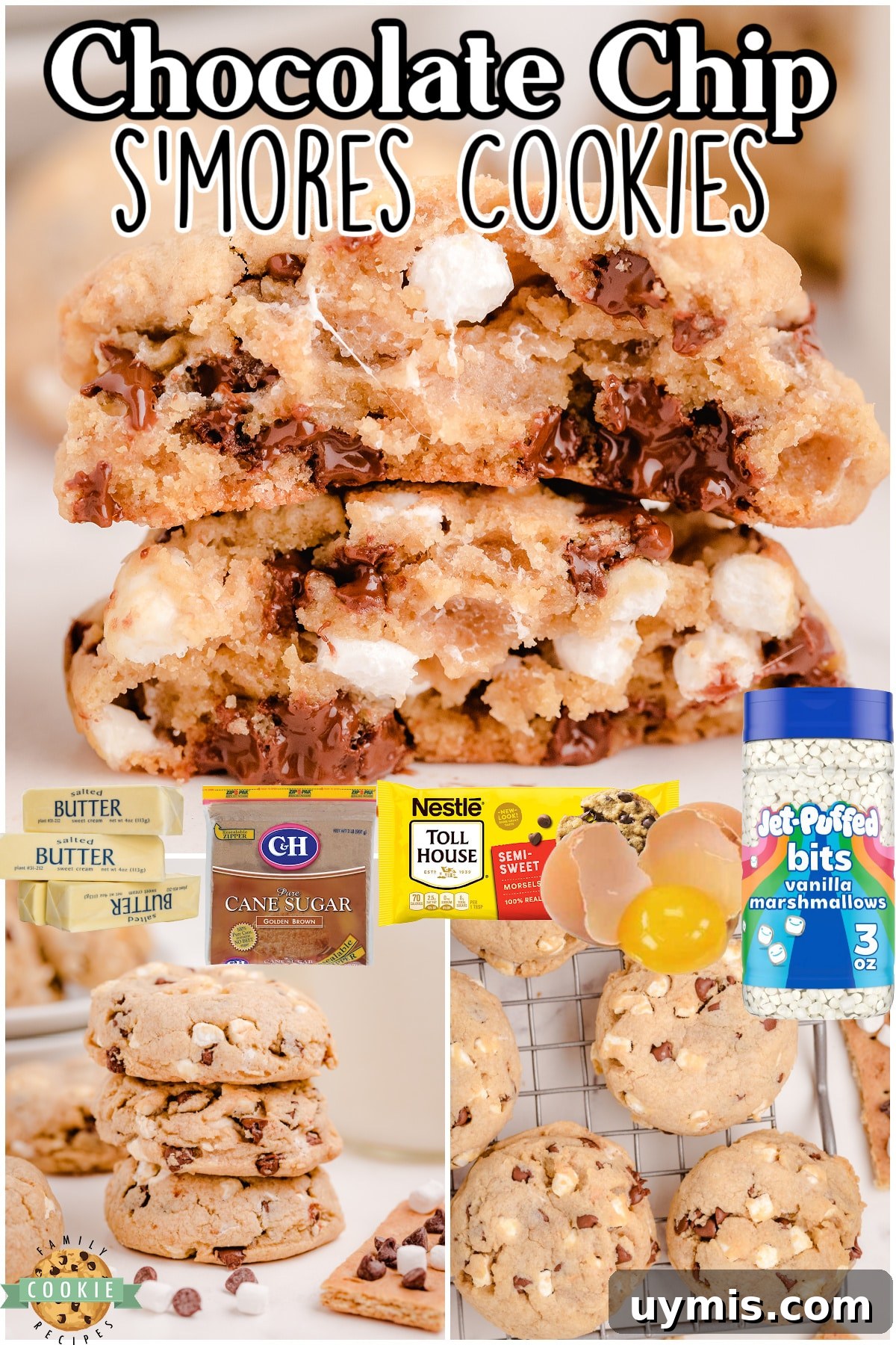 Chewy S'mores Chocolate Chip Cookies with Gooey Marshmallow 6 Smores Cookies are a delightful twist on a classic treat! These chocolate chip smore cookies are made with marshmallow bits, rich chocolate chips and soft cookie dough to create a perfectly sweet treat.