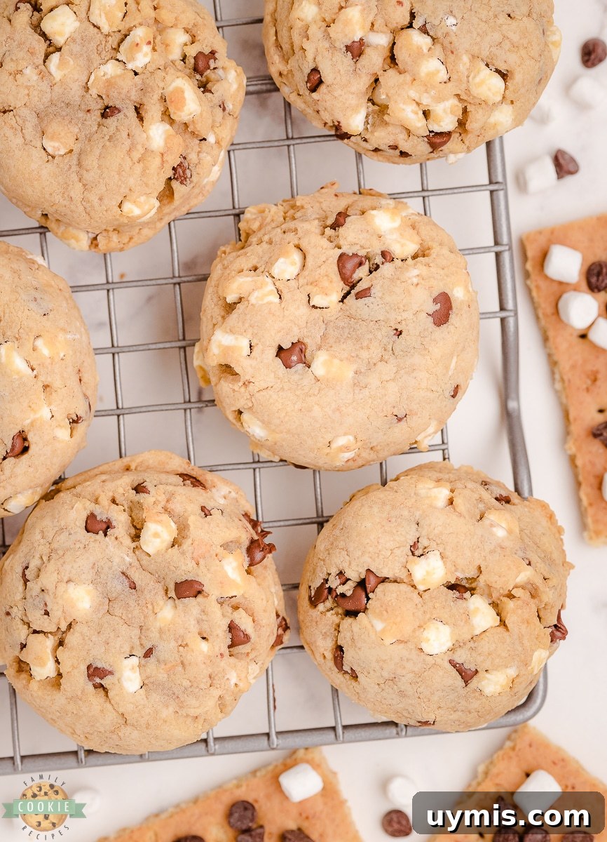 Chewy S'mores Chocolate Chip Cookies with Gooey Marshmallow 7 smores cookies on a cooling rack
