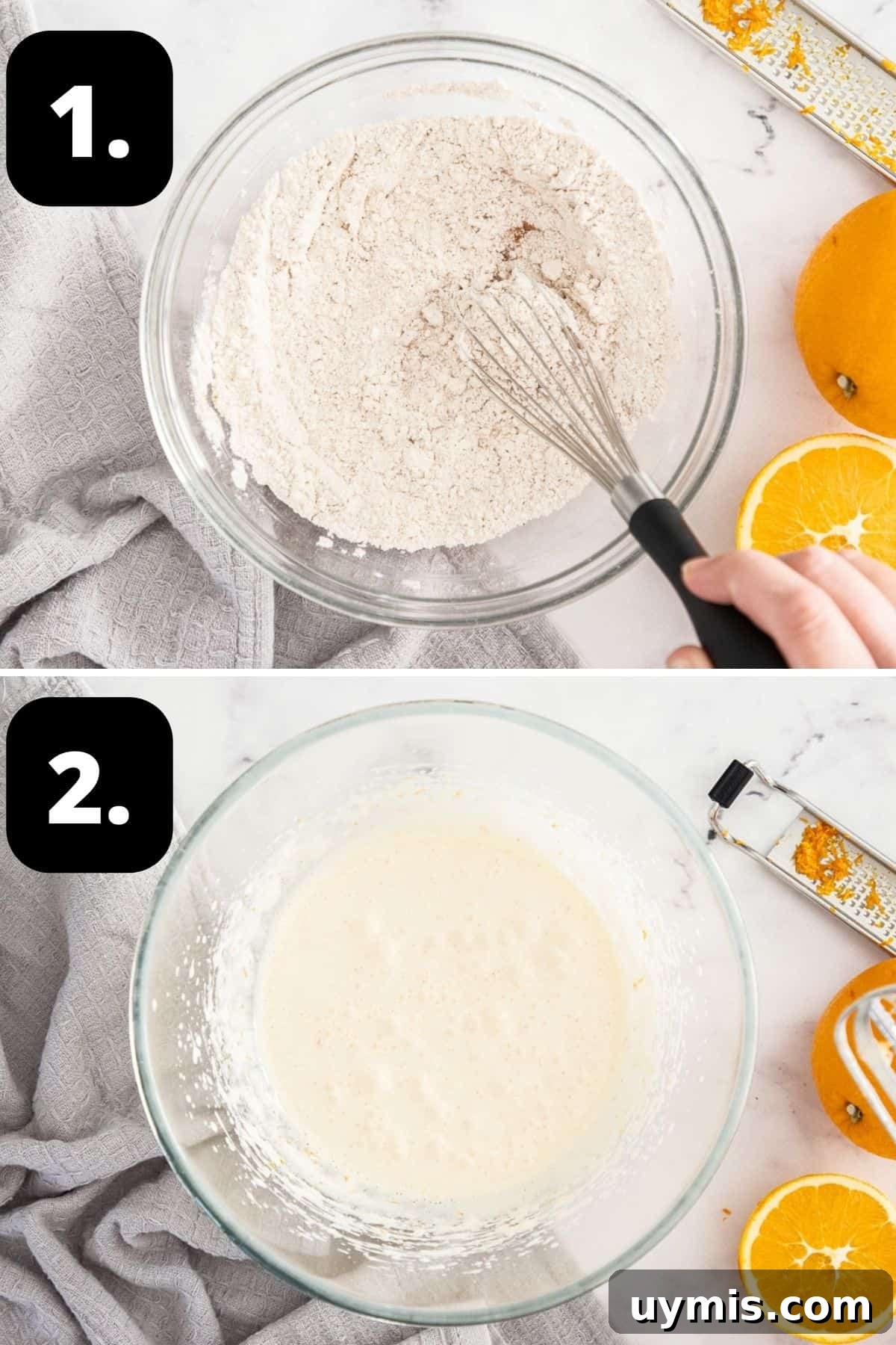 Spiced Orange Madeleines Recipe 5 Steps 1-2 of preparing this recipe: the dry ingredients in a bowl and the wet ingredients (except butter) in another bowl.