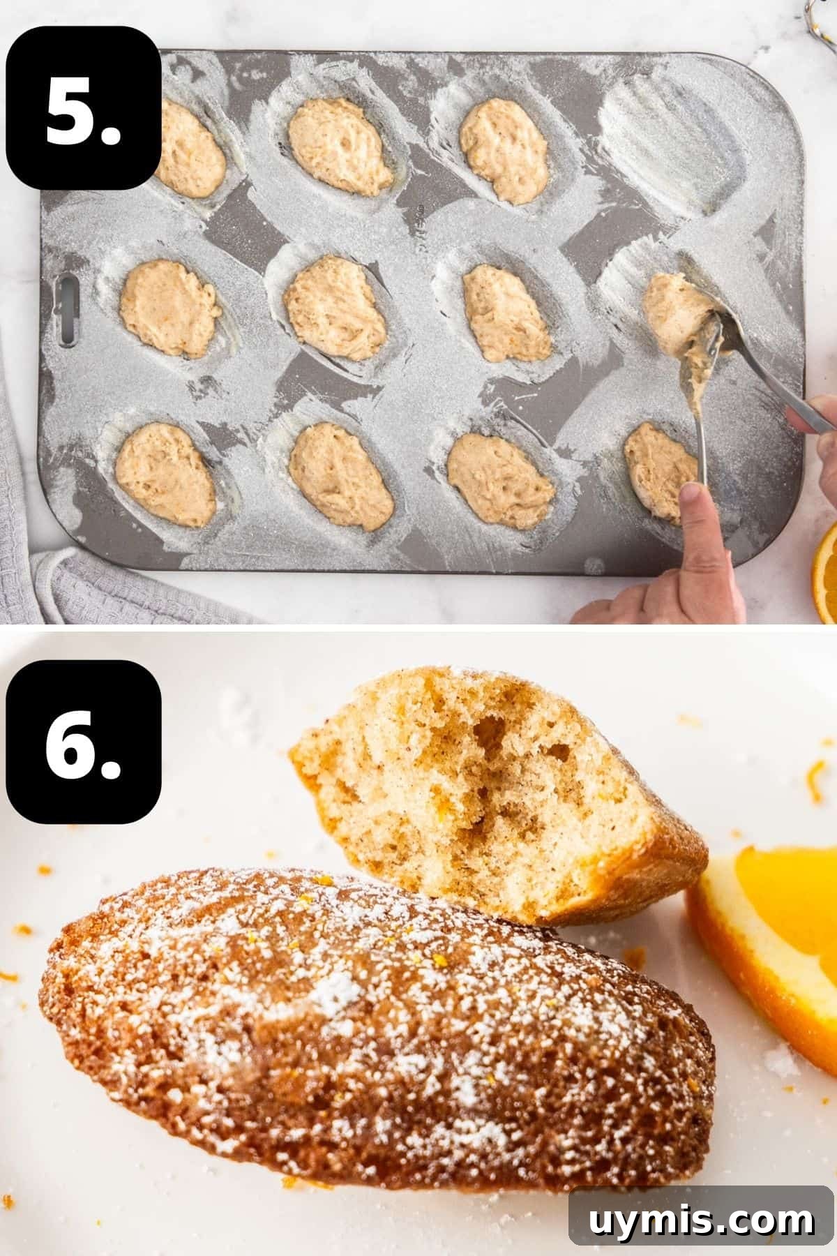 Spiced Orange Madeleines Recipe 7 Steps 5-6 of preparing this recipe: adding the batter to the madeleine tins and two of the baked madeleines.