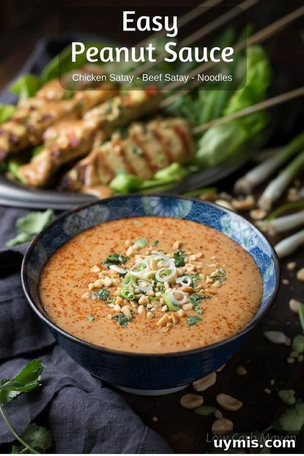 Easy Thai peanut sauce for chicken satay, beef satay, or noodles. Make this easy peanut sauce mild or spicy. My sugar-free keto recipe offers sweetener subs.