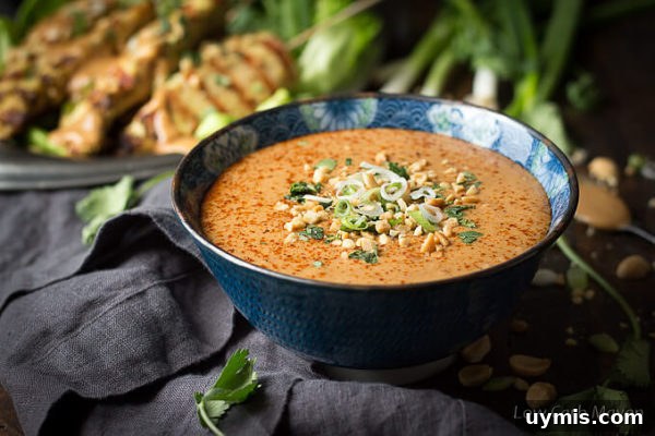Peanut sauce garnished with cayenne pepper, cilantro, green onion and crushed peanuts in a blue Asian print bowl placed on a dark gray napkin with chicken satay on skewers, scallions and peanuts in the background.