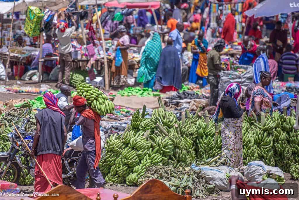 Ndizi Nyama: Green Plantain and Beef Stew 3 A very busy African market selling giant bushels of green bananas