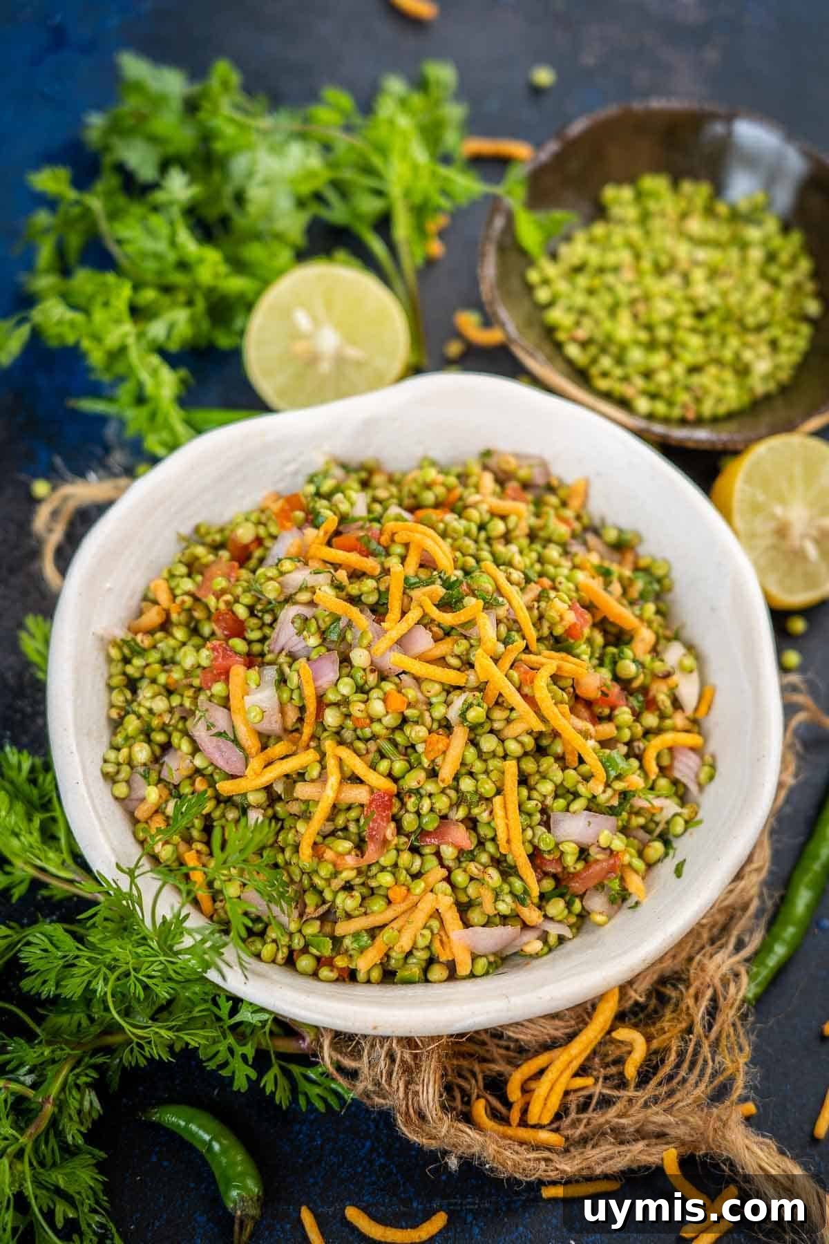 Ponk Bhel (Hurda) Recipe: Gujarati Tender Sorghum Snack 2 A bowl of Hurda Bhel with a lime half and a bowl of hurda in the background on a dark surface.