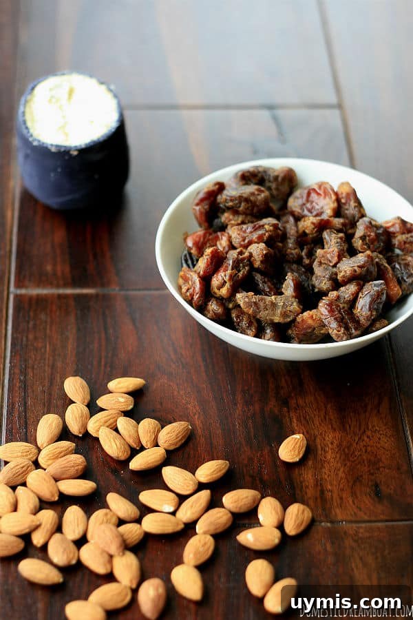 Bacon Wrapped Dates Stuffed with Blue Cheese and Almonds 2 Ingredients to make bacon-wrapped stuffed dates: roasted almonds, dates, blue cheese.