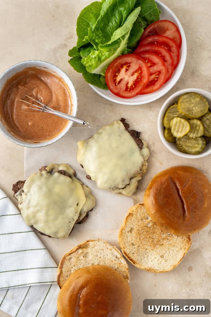 Smash Burger Recipe with Crispy Edges 11 Ingredients ready to assemble the burgers.