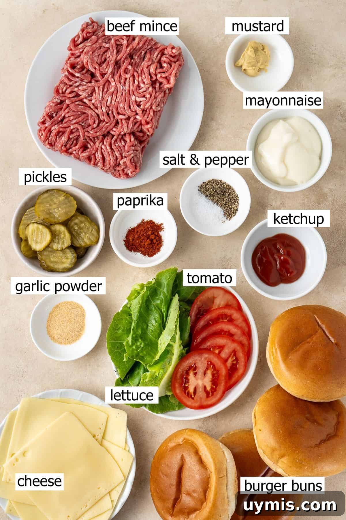 Smash Burger Recipe with Crispy Edges 3 All ingredients needed to make smash burgers and homemade burger sauce laid out in bowls.