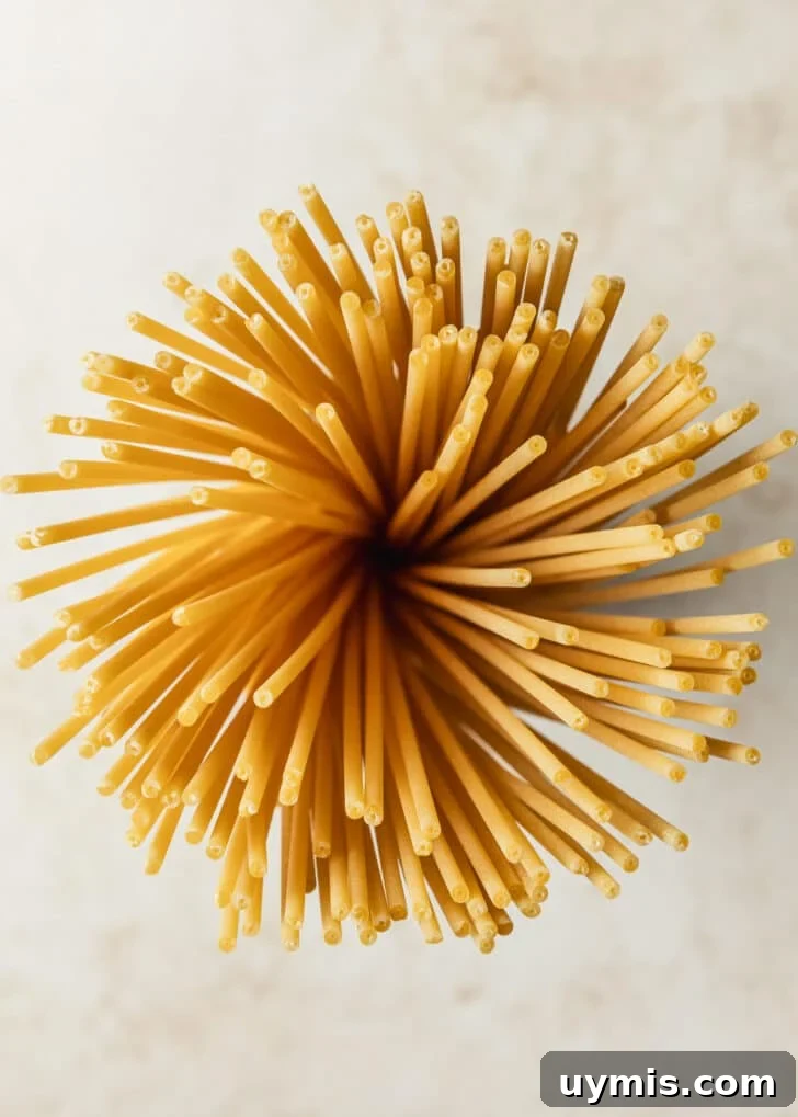 Creamy Spicy Bucatini Carbonara Recipe 3 Bucatini on a tan counter.