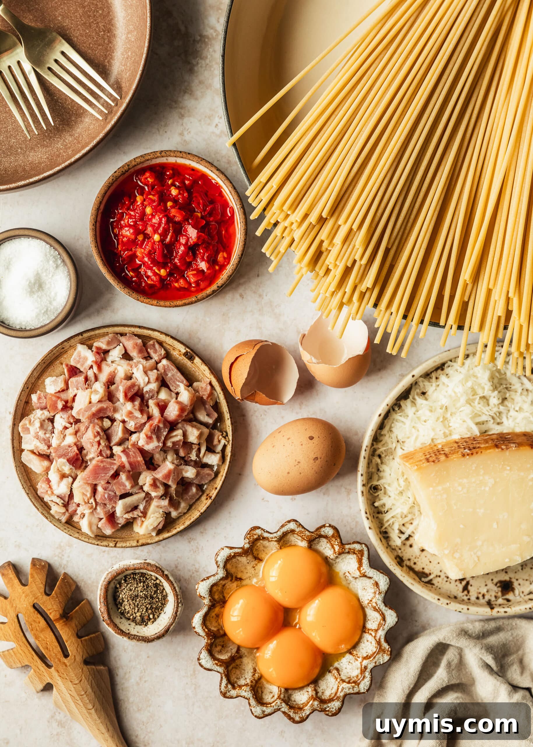 Creamy Spicy Bucatini Carbonara Recipe 5 A pot of pasta next to brown bowls of pancetta, eggs, salt, pepper, chilis, and parmesan, on a tan counter.