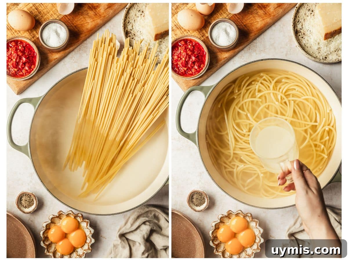 Creamy Spicy Bucatini Carbonara Recipe 7 Two steps to boiling pasta. In photo 1, spaghetti is in a white pot of water on a tan counter next to brown bowls of parmesan, egg yolks, and chilis. In photo 2, a hand is using a mug to scoop water from the pot.