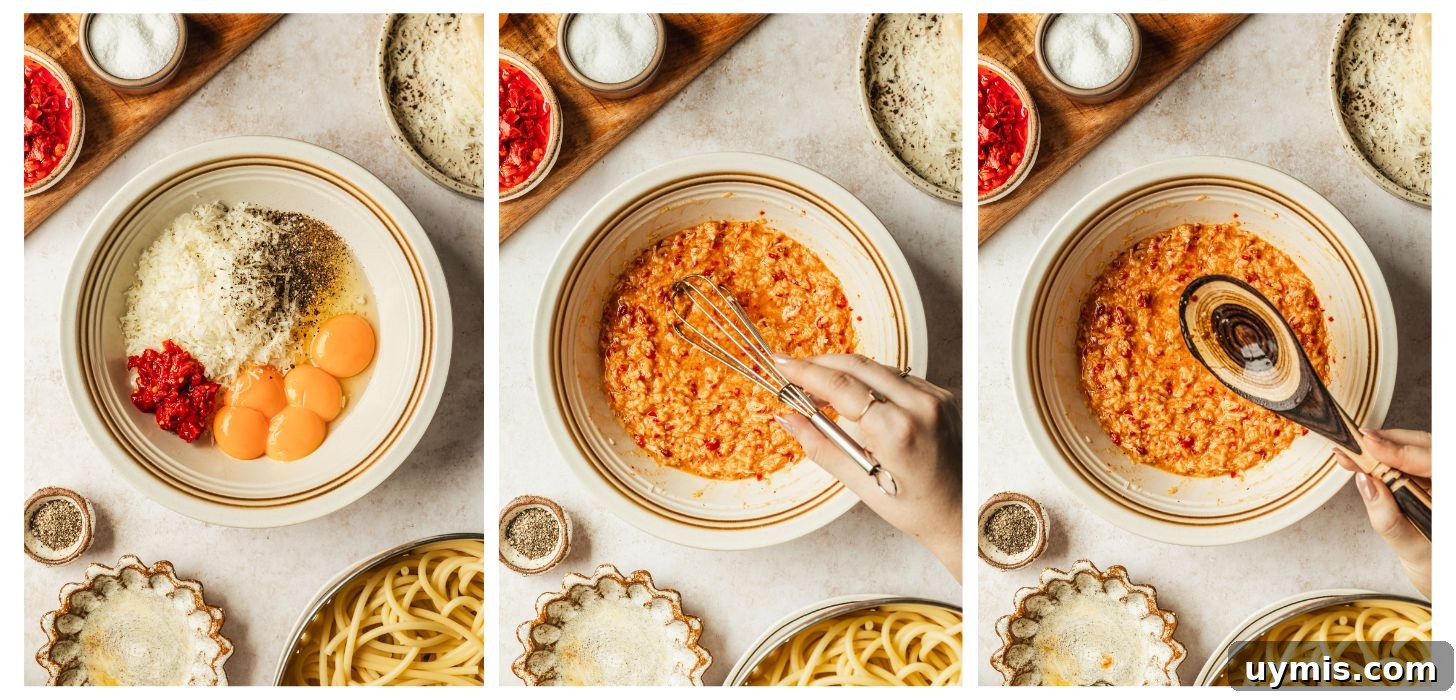 Creamy Spicy Bucatini Carbonara Recipe 8 Three steps to making carbonara sauce. In photo 1, a white bowl has eggs, cheese, chilis, and pepper on a tan counter next to brown bowls of pepper, cheese, and pasta. In photo 2, a hand is whisking the sauce. In photo 3, a hand is using a spoon to pour oil into the sauce.
