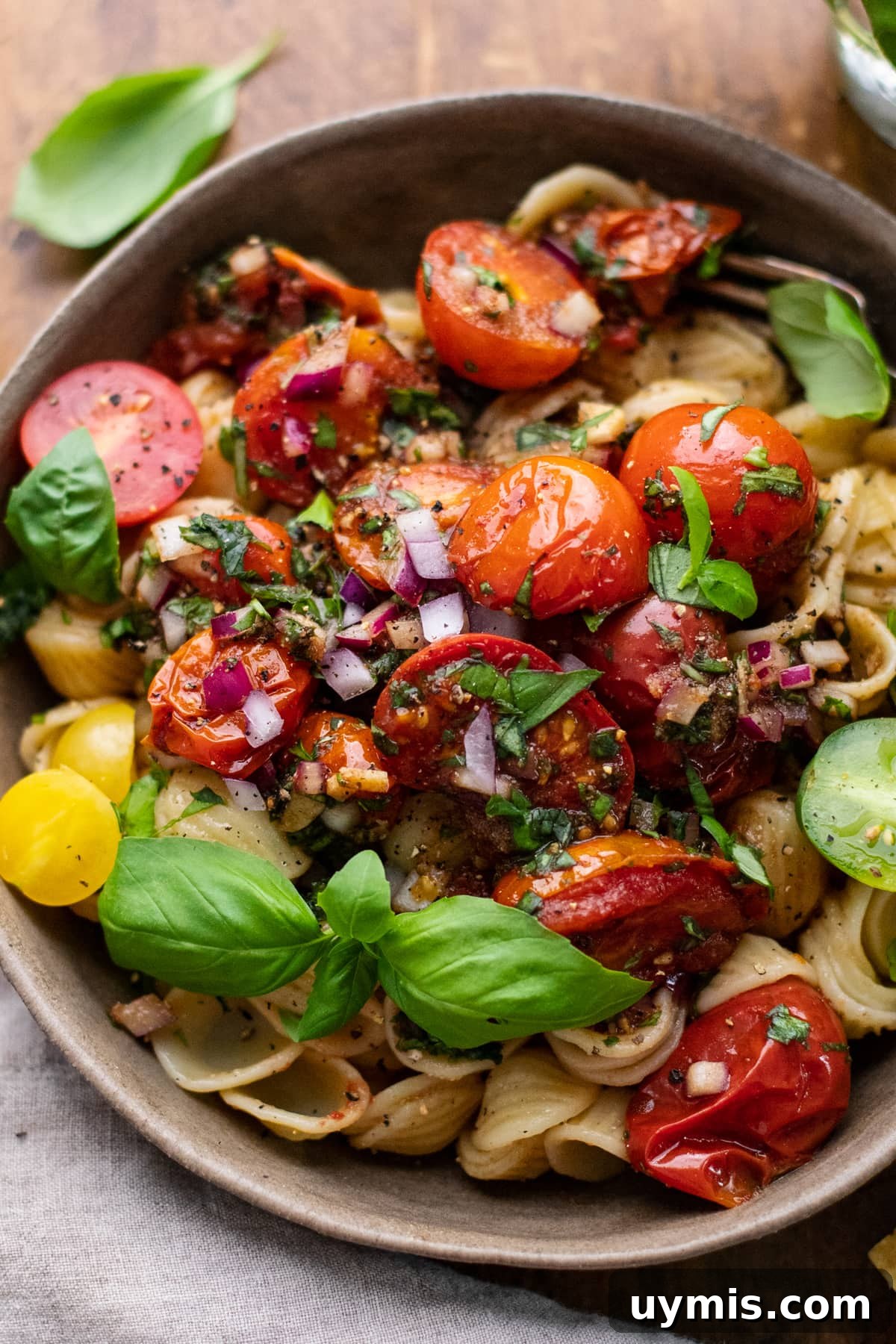 Bruschetta Pasta with Roasted Tomatoes and Basil 8 close up of bruschetta tomatoes over pasta with fresh herbs over top.