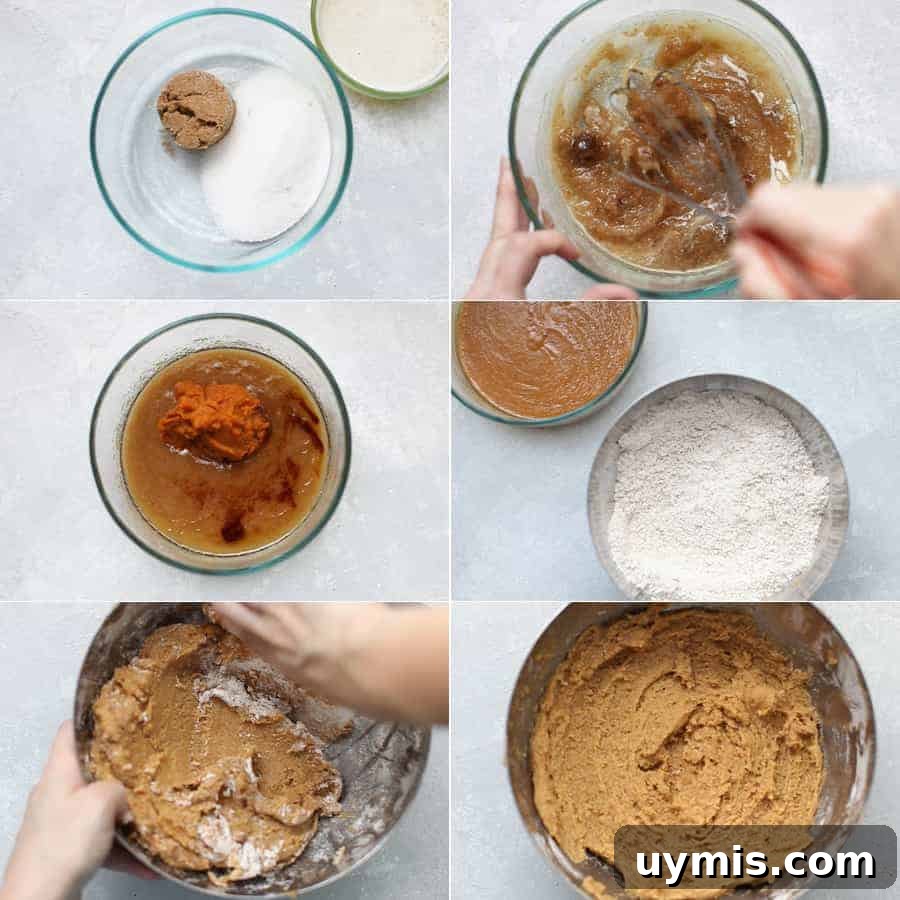 Pumpkin Snickerdoodle Cookies 5 Step-by-step process for making pumpkin snickerdoodle cookie dough.