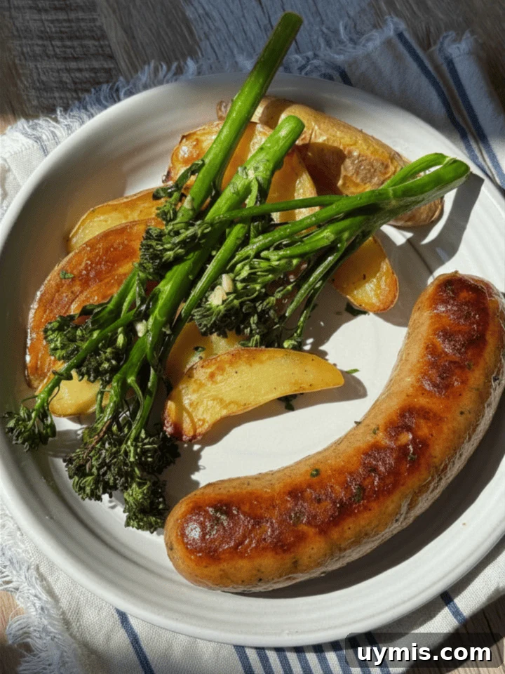 Sheet Pan Sausage and Potatoes Recipe 2 sheet pan chicken sausage and potatoes with broccolini on a white plate