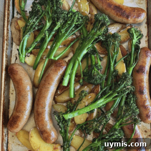 Sheet Pan Sausage and Potatoes Recipe 9 sausage, potatoes, and broccolini cooked on a sheet pan