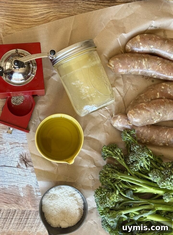 Sheet Pan Sausage and Potatoes Recipe 3 ingredients for sheet pan sausage and potatoes on a piece of butcher paper