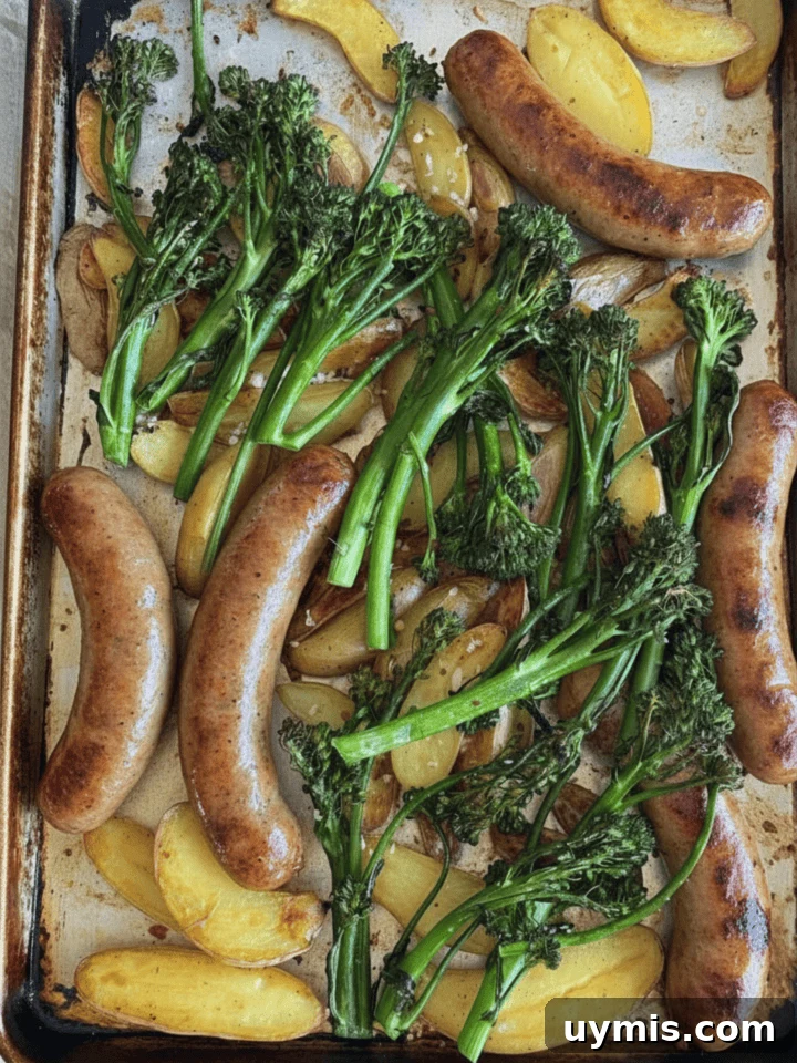 Sheet Pan Sausage and Potatoes Recipe 7 sausage, potatoes, and broccolini cooked on a sheet pan
