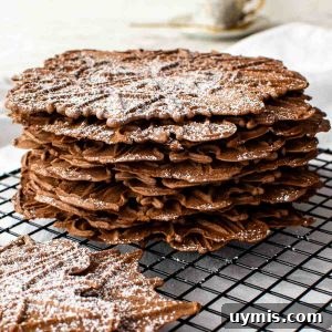 Chocolate Pizzelle Recipe 7 stack of chocolate wafer cookies on black wire rack.