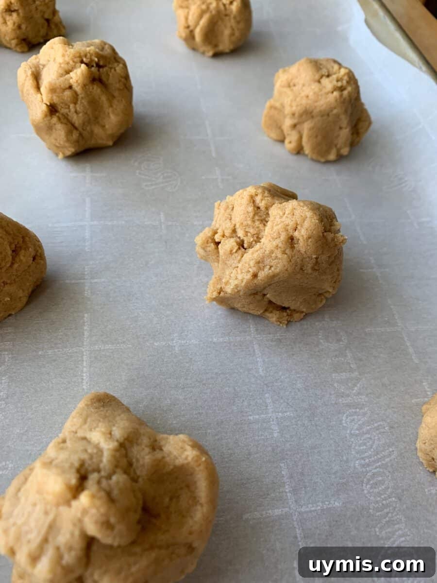 Classic Chewy Peanut Butter Cookies Recipe 6 Raw peanut butter cookies on parchment paper on a baking sheet.