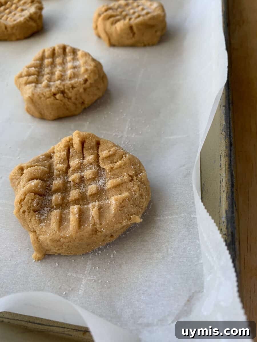 Classic Chewy Peanut Butter Cookies Recipe 7 Peanut butter cookies on a baking sheet, with a criss cross pattern in the dough.