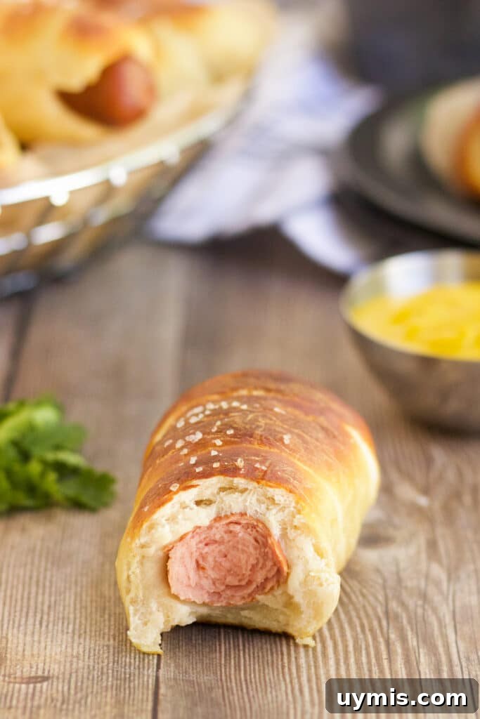 Pretzel Dogs Recipe: Soft Pretzel-Wrapped Hot Dogs 8 Close up of a pretzel dog