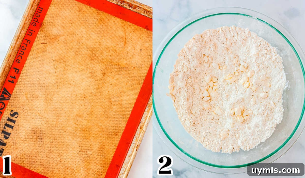 The baking sheet lined and dry ingredients whisked together.