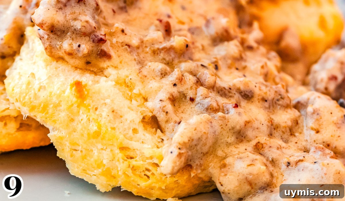 Sausage gravy spooned over buttermilk biscuits.