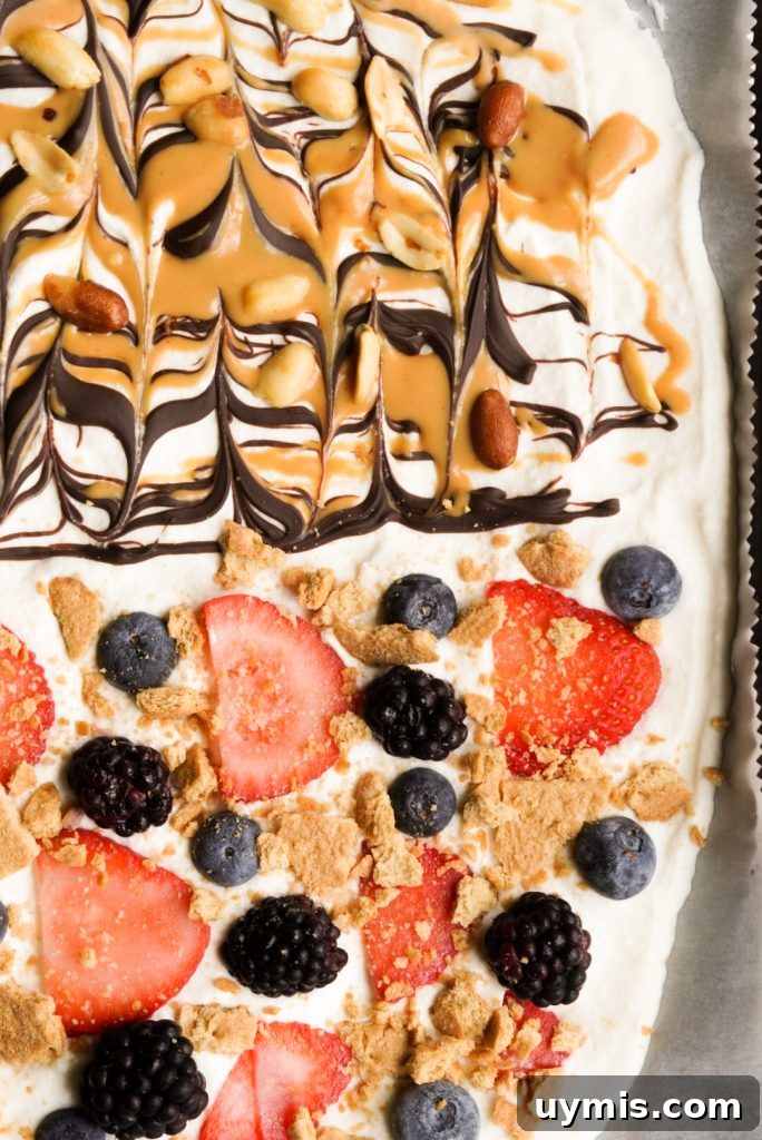 Viral High Protein Frozen Cottage Cheese Bark 10 frozen high protein bark with berries and graham cracker and peanuts, chocolate, & peanut butter