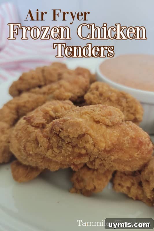 Air Fryer Frozen Chicken Tenders in 12 Minutes 2 Air Fryer frozen chicken tenders text over chicken on a white plate next to a bowl of sauce