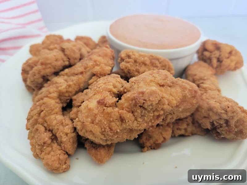 Air Fryer Frozen Chicken Tenders in 12 Minutes 5 Chicken strips on a white plate next to a bowl of sauce