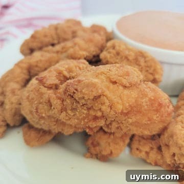 Air Fryer Frozen Chicken Tenders in 12 Minutes 6 Air fried chicken tenders on a white plate with dipping sauce