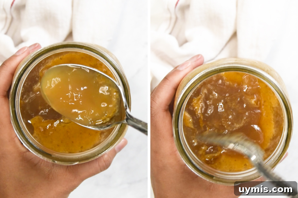 How to Make Instant Pot Turkey Stock 3 Collage showing a spoon in stock and the gelatin in the stock