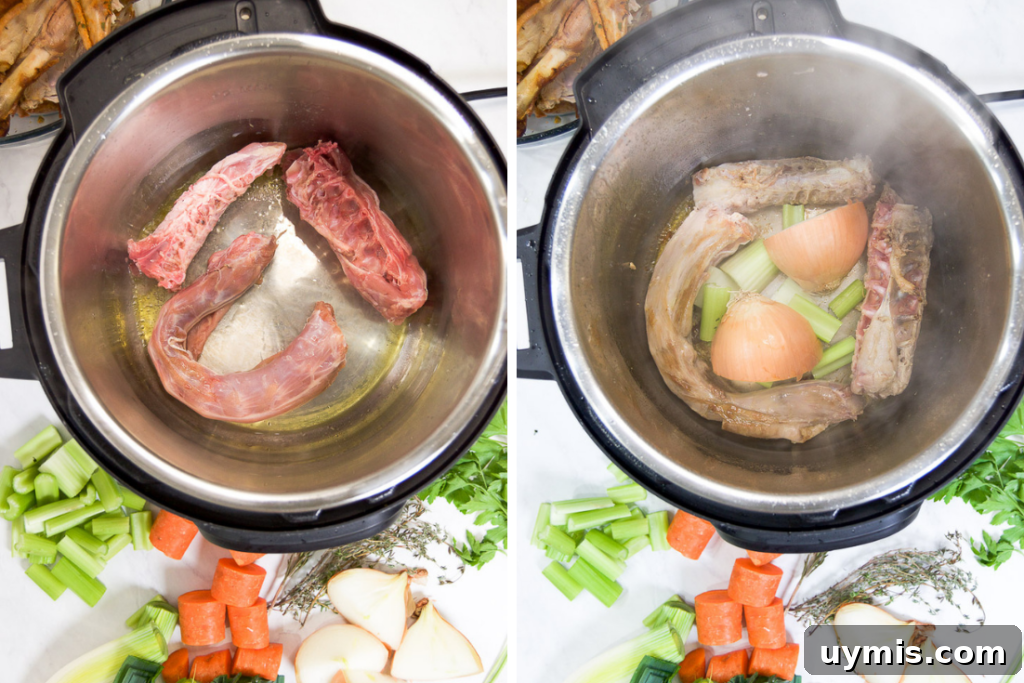 How to Make Instant Pot Turkey Stock 5 Collage showing how to sear raw bones in the Instant Pot