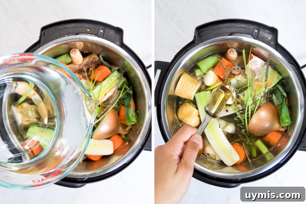 How to Make Instant Pot Turkey Stock 6 A collage showing how to pour in water to make stock in an Instant Pot