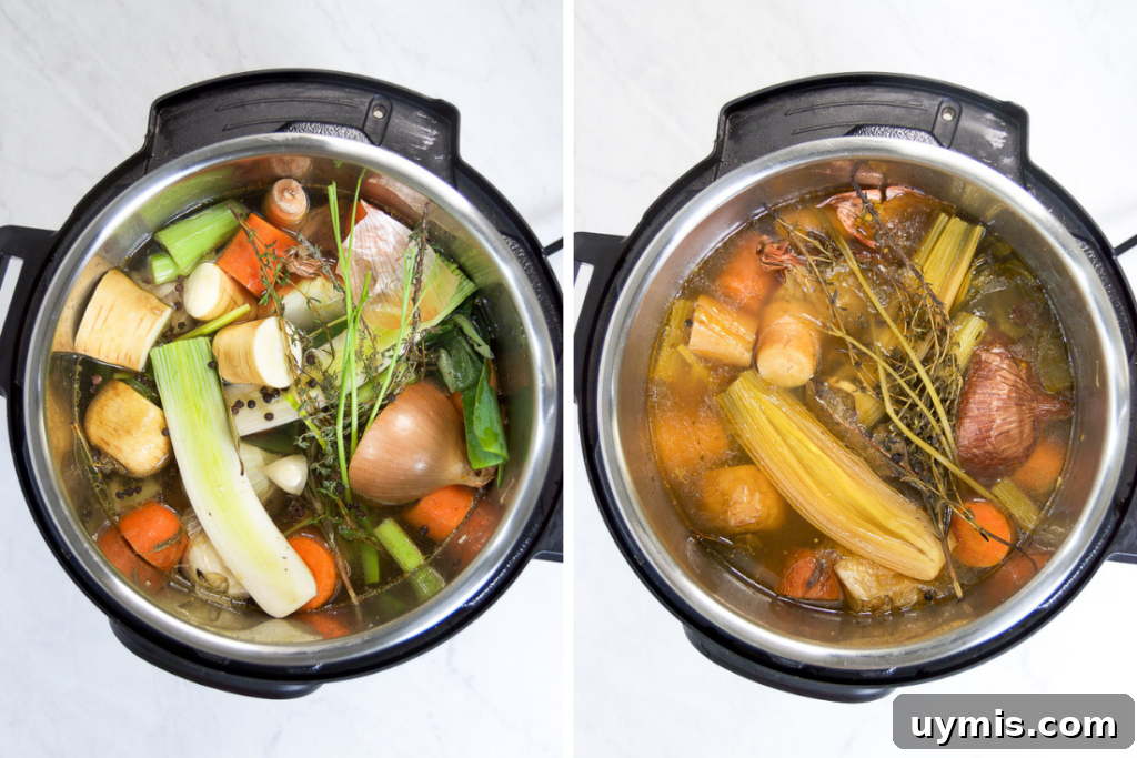 How to Make Instant Pot Turkey Stock 7 A collage showing before and after of turkey stock inside the Instant Pot
