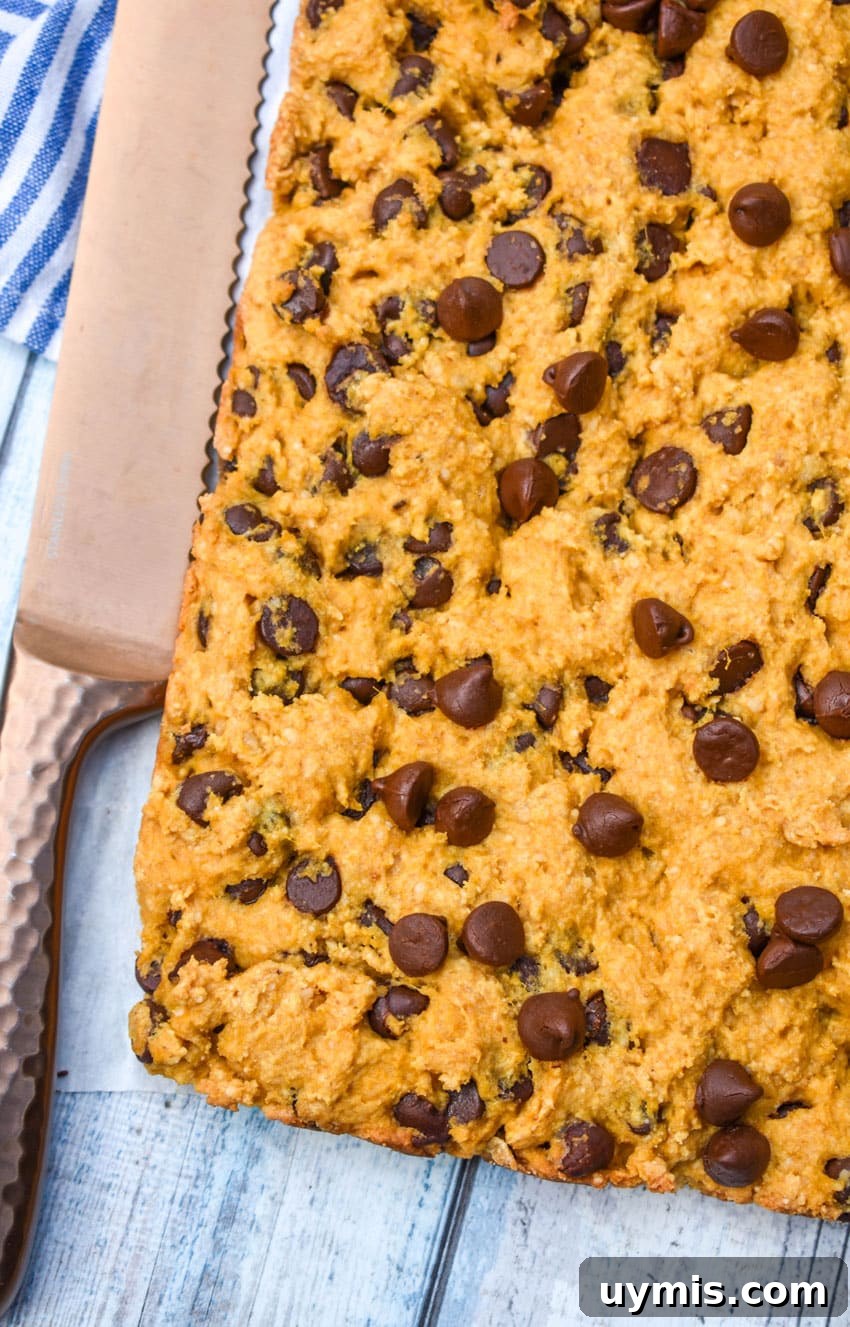 Pumpkin Chocolate Chip Cookie Bars Recipe 5 baked pumpkin chocolate chip cookie bar resting on a wooden table with a bronze knife on the side