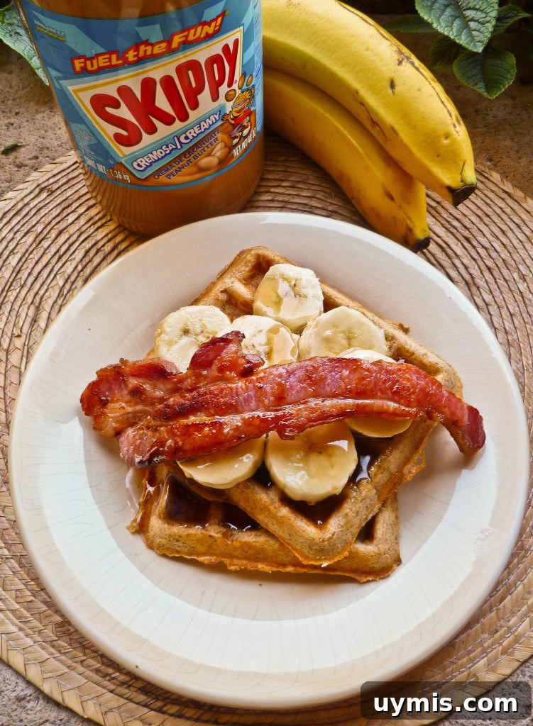 Peanut Butter Waffles with Bacon and Banana 2 Peanut Butter Waffles with Thick Cut Bacon and Banana