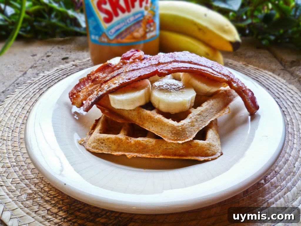 Peanut Butter Waffles with Bacon and Banana 3 Peanut Butter Waffles with Thick Cut Bacon and Banana