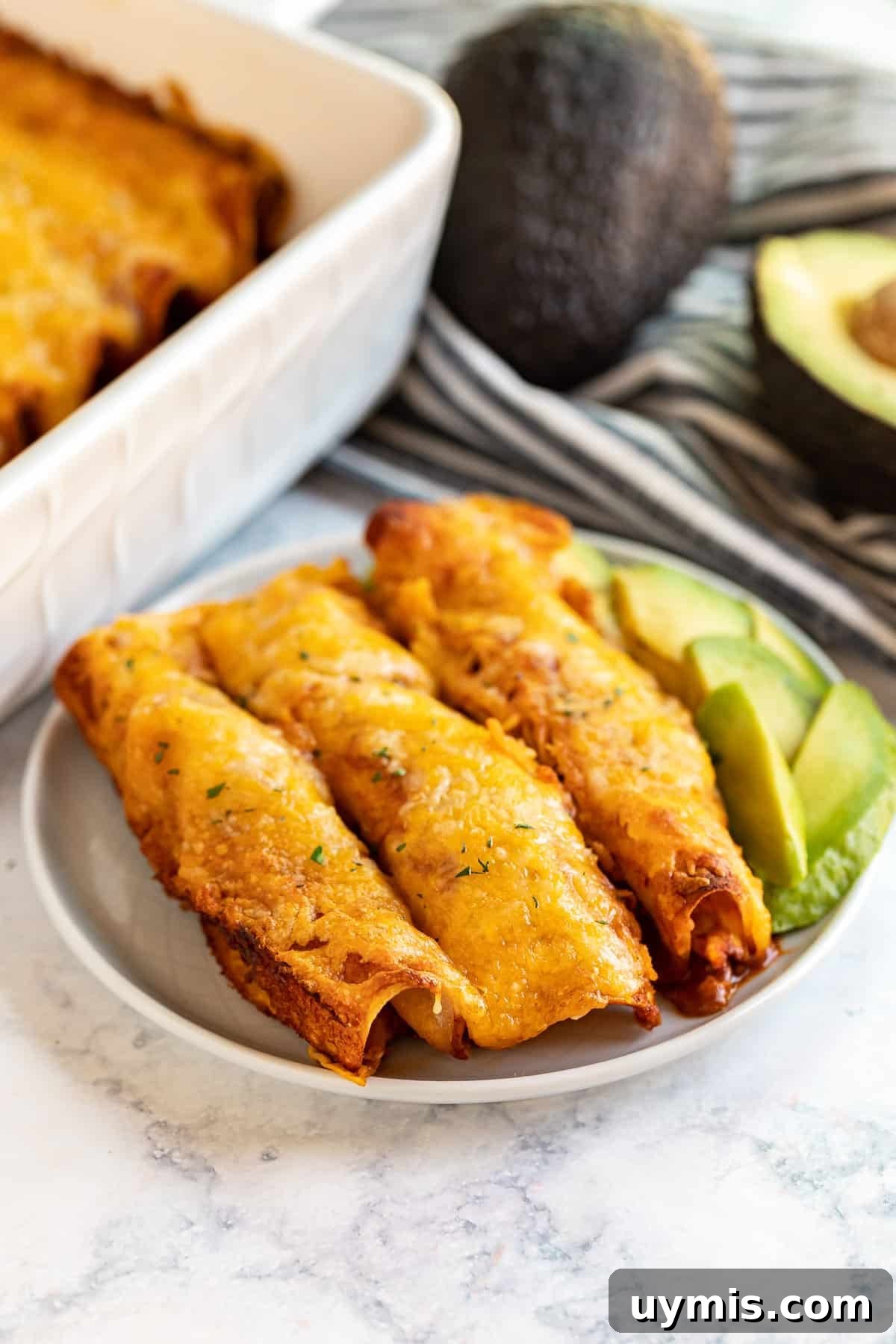 Chicken enchiladas on a white plate.