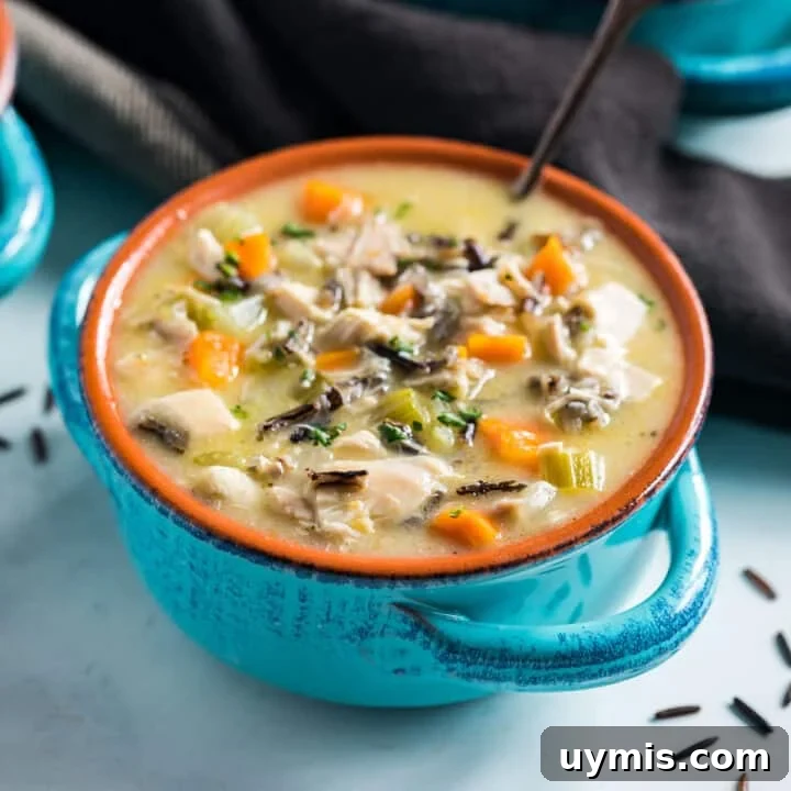 A close up of a bowl of chicken wild rice creamy soup with a spoon in it and another bowl in the background.