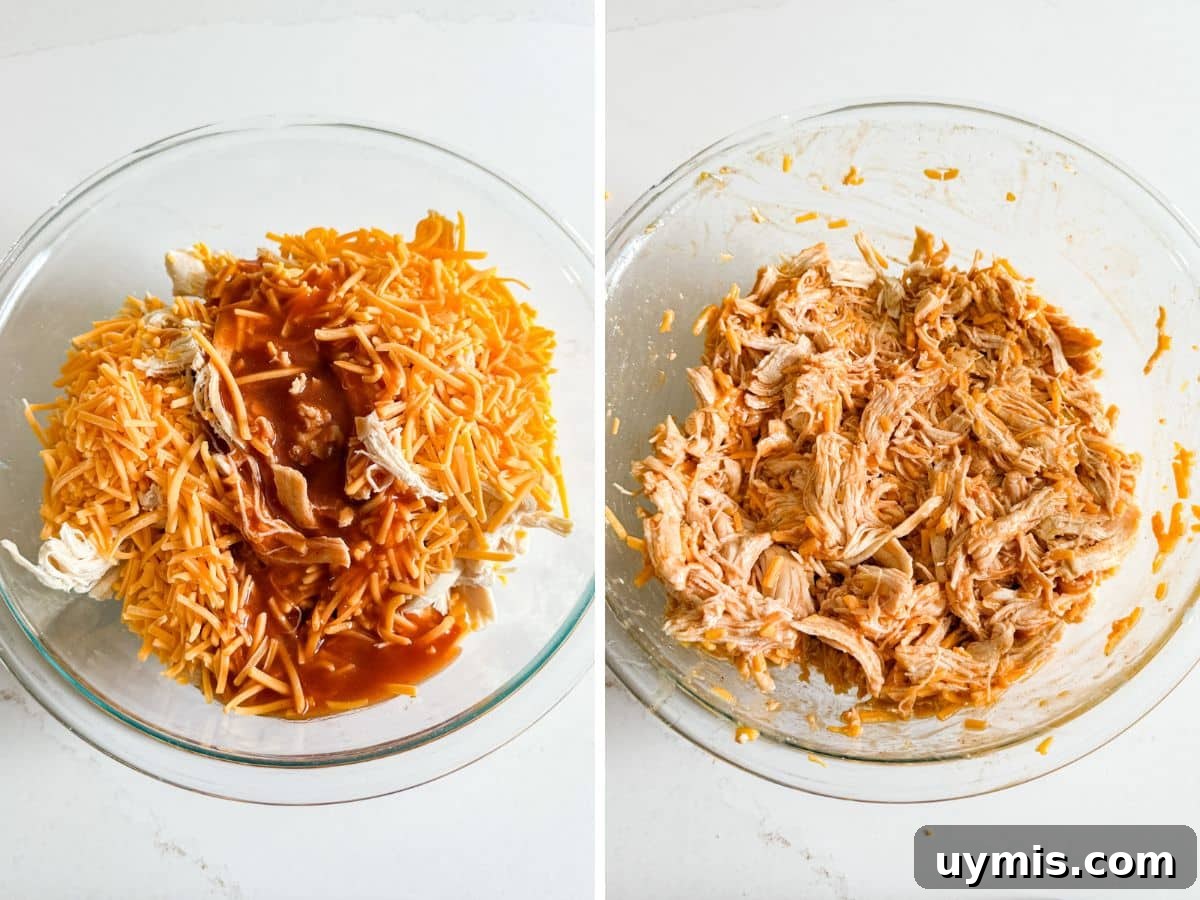 Chicken ingredients in a glass bowl and then the chicken cheese filling all mixed together.