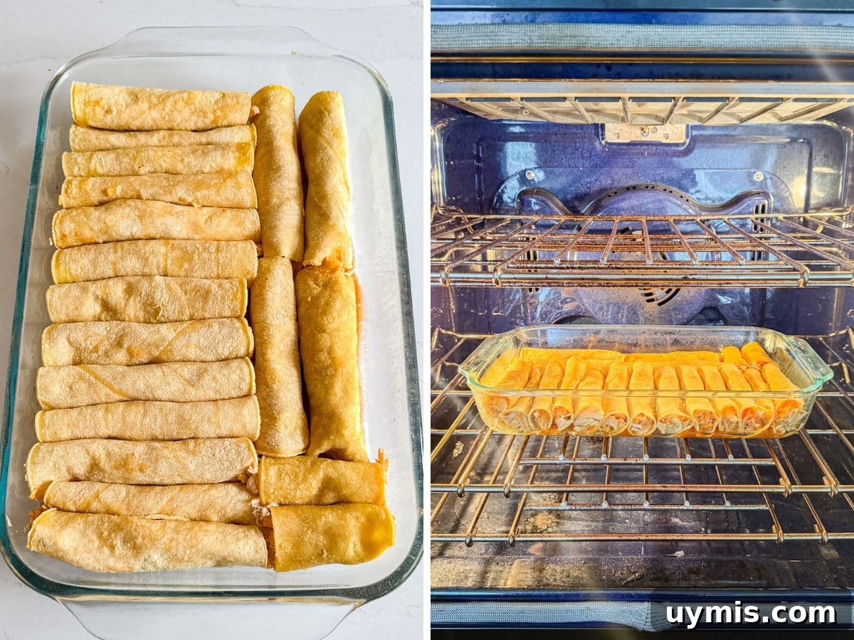 Enchiladas in a single layer in the baking pan and then the pan in the oven.