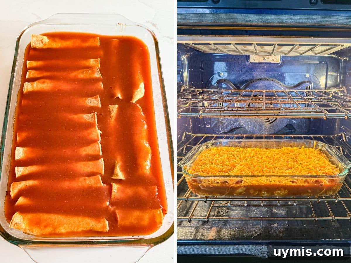 Enchilada sauce on top of the partially baked enchiladas and then the pan back in the oven with cheese on top.