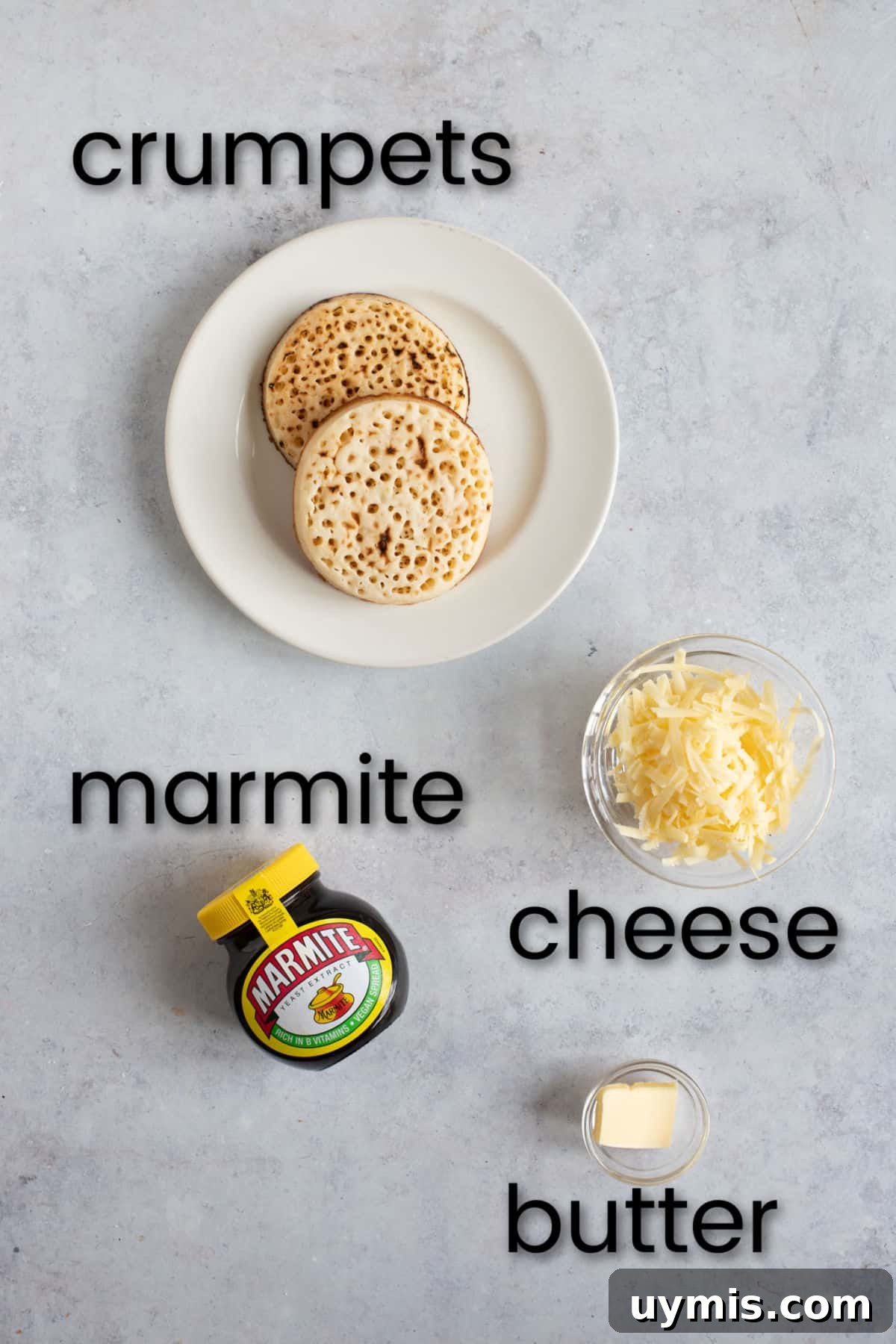 Ingredients for cheesy air fryer crumpets.