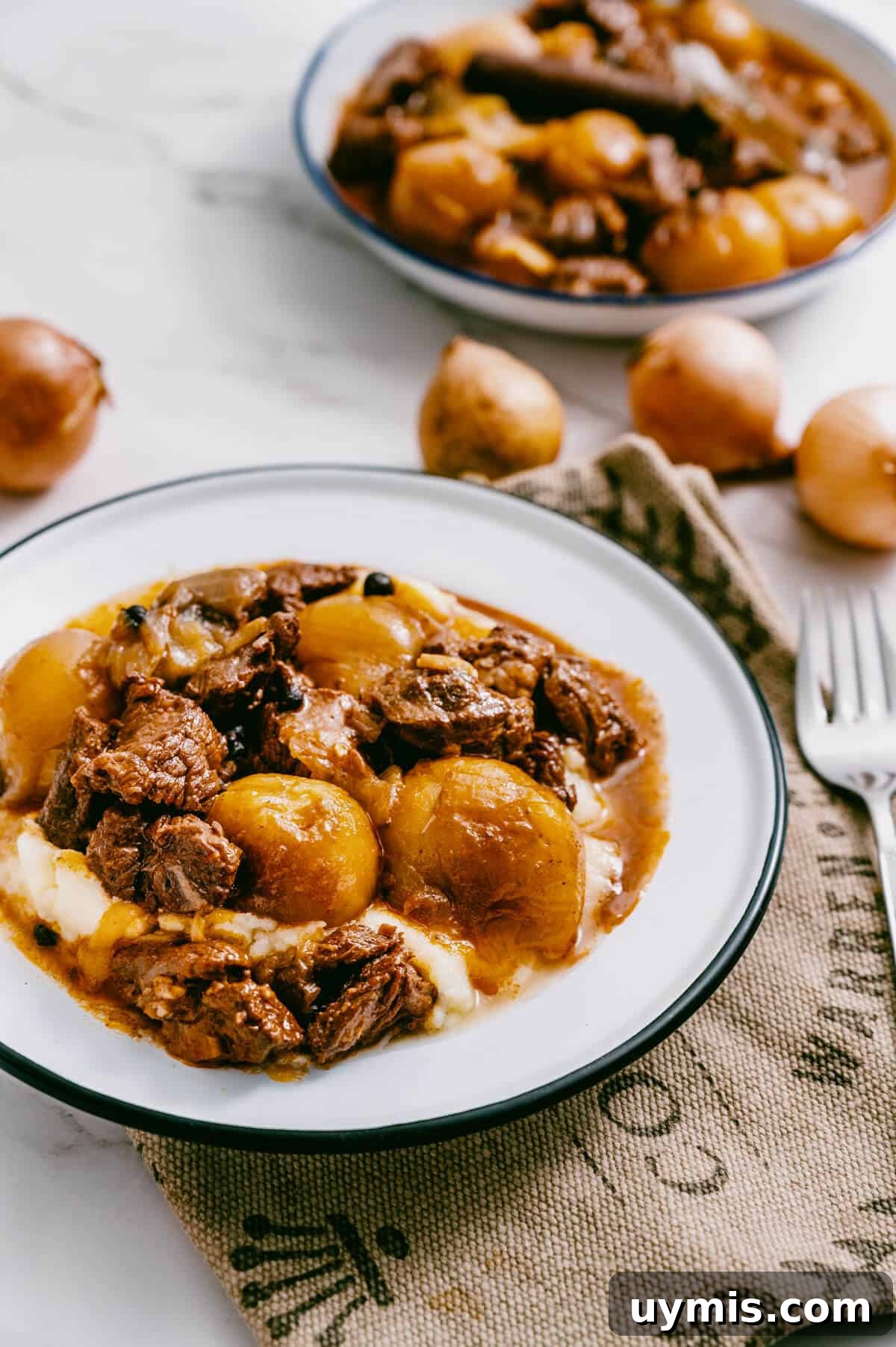 Greek Beef Stifado Recipe: Classic Slow-Braised Stew 2 2 plates filled with Greek beef stew with a few scattered baby onions beside them.