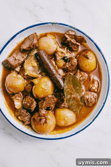 Finished dish of beef stifado served in a white dish.