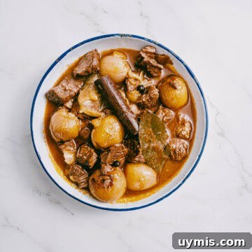 Finished dish of beef stifado served in a white dish.