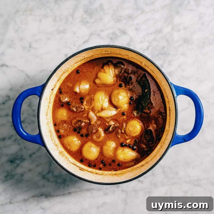 Greek Beef Stifado Recipe: Classic Slow-Braised Stew 7 Greek beef stew finished and looking glossy and rich in a blue pot.